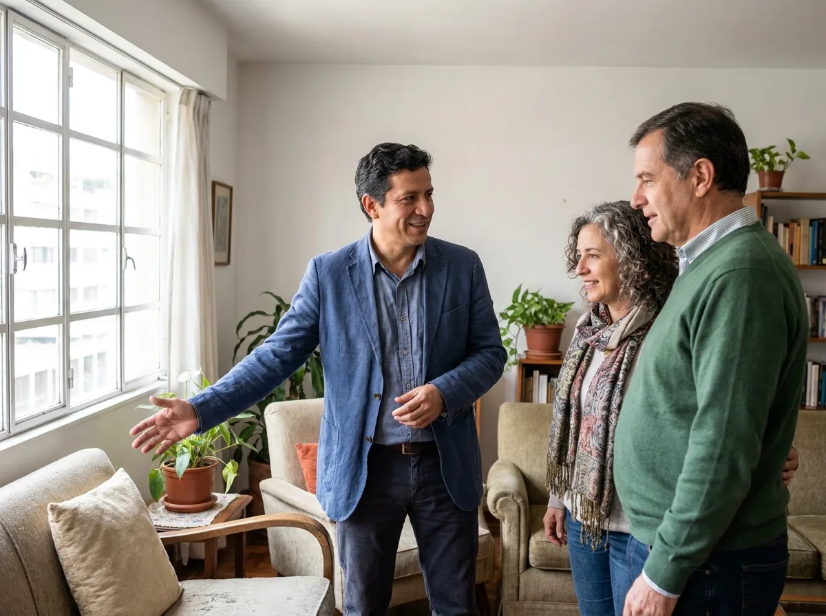 Asesor inmobiliario mostrando una casa a una pareja madura