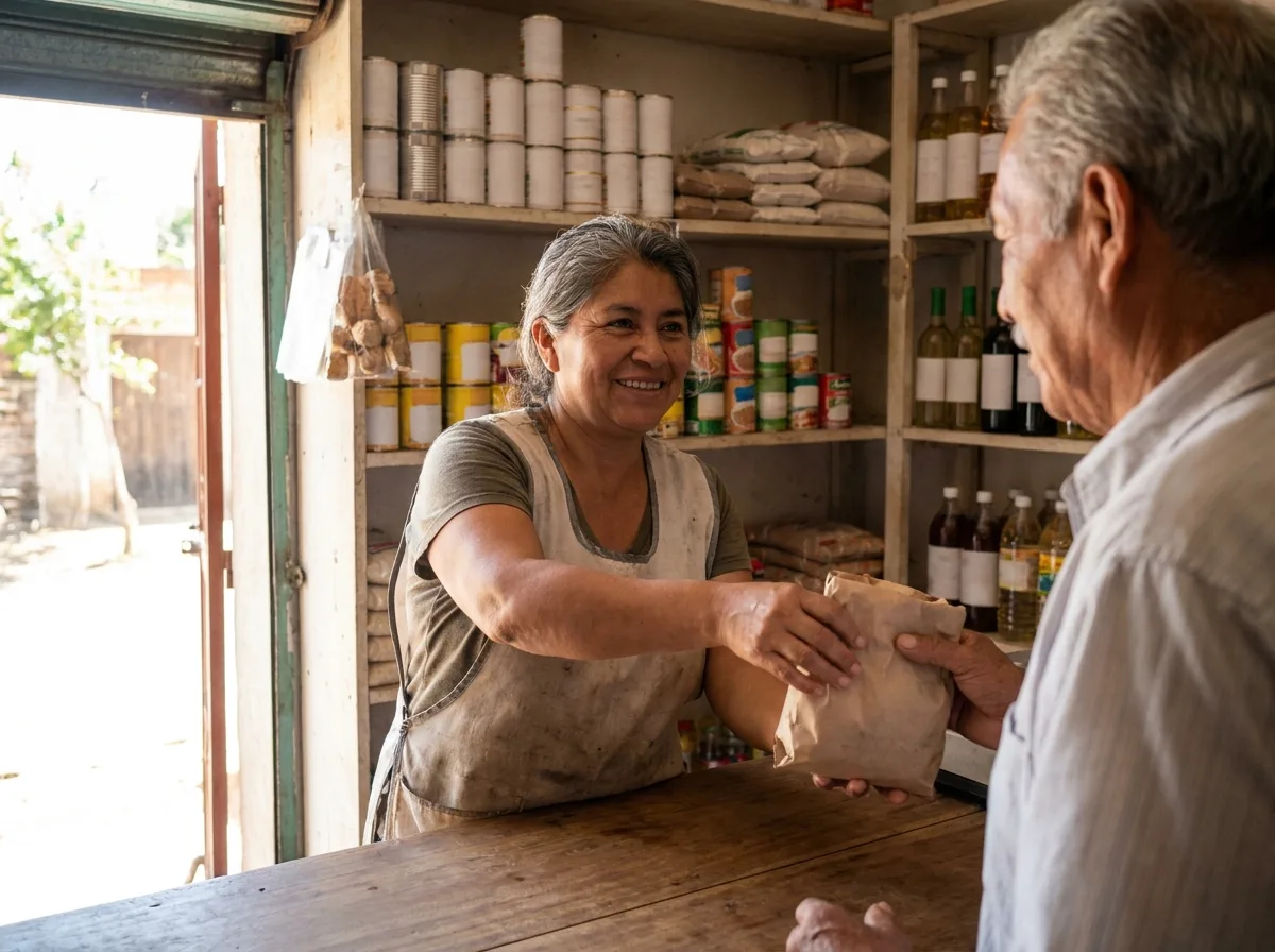 Dueña de una tienda de abarrotes atendiendo a un cliente en el mostrador