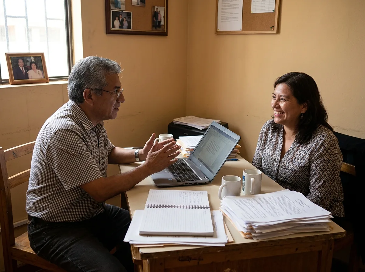 Consultor en reunión de trabajo con la dueña de una pyme frente a una laptop