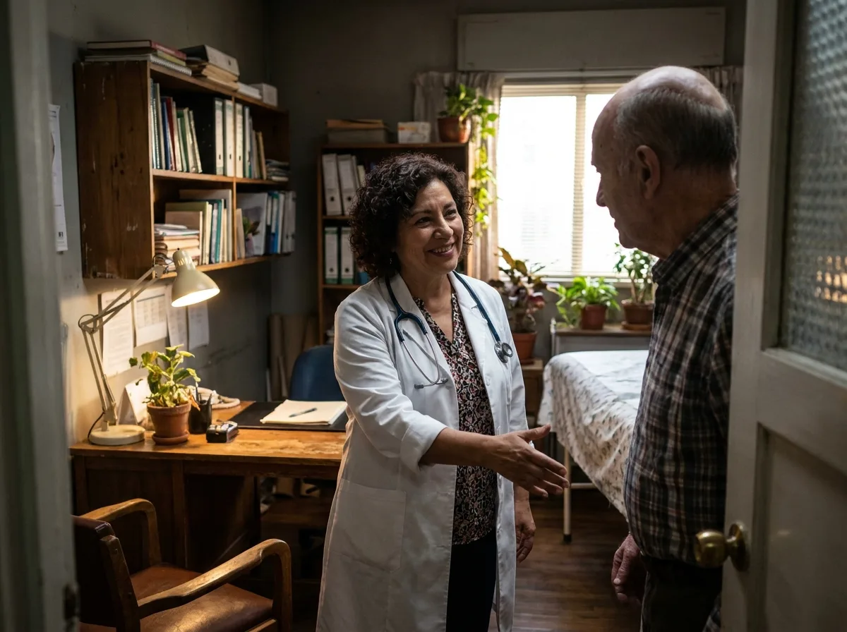 Doctora recibiendo a un paciente en un consultorio cálido